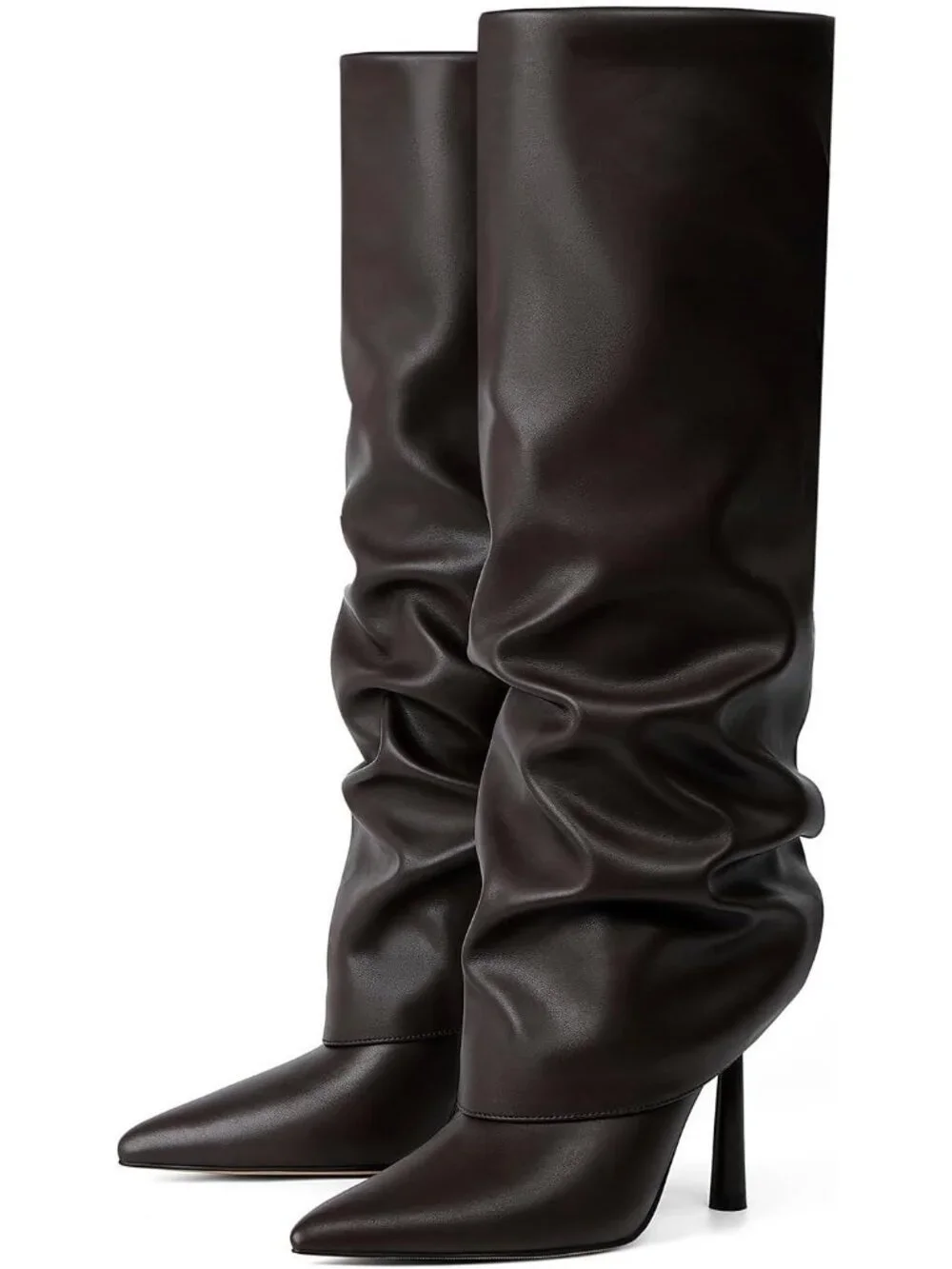 Women's Chocolate Faux Leather Pointed Toe Stiletto Heel Over Knee High Boots